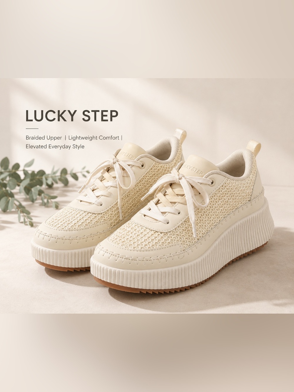 Women's Cream Braided Lightweight Sneakers Lucky Step Size 7